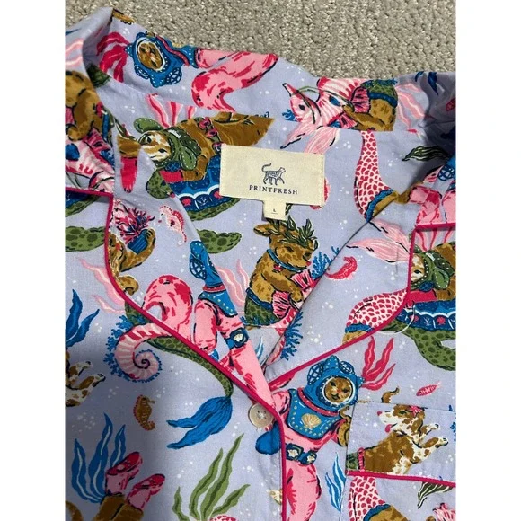 Printfresh Mermaid Dog Astronaut Pajama Set Women's L Blue Pink Organic Cotton - Picture 2 of 4